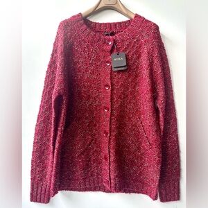 NWT YUKA Paris Women's Red & Silver Textured Cardigan Sweater, T2, US M